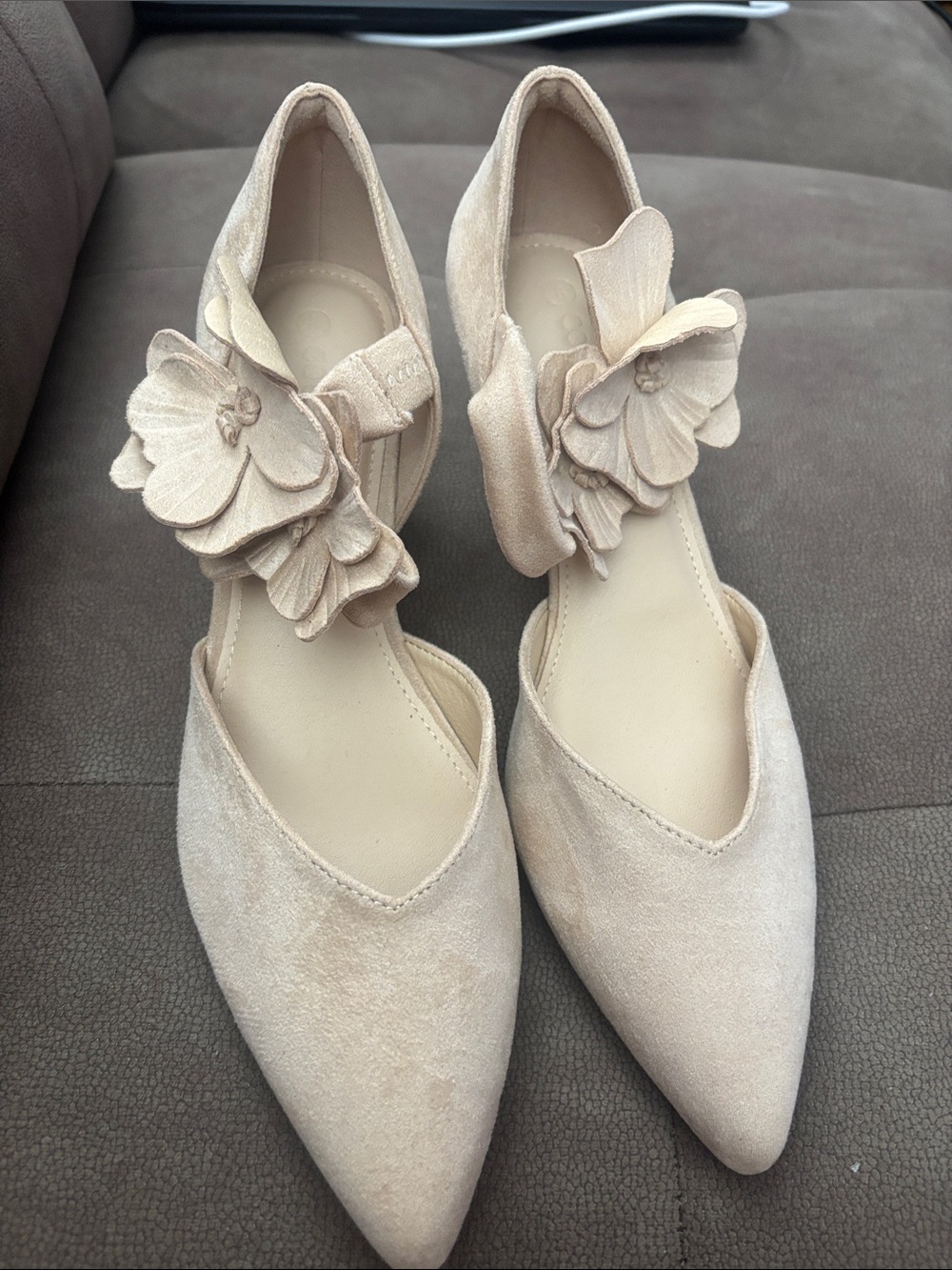 Pointed Toe Floral Ankle-Strap Flats in Light Beige